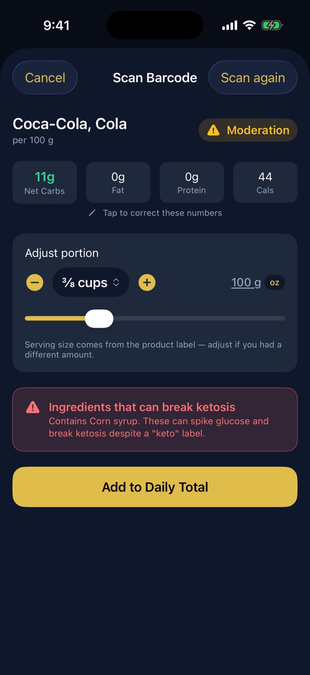 Ketolock barcode result for Coca-Cola showing 11 grams of net carbs per 100 grams, a Moderation verdict, tappable macros labelled Tap to correct these numbers, a portion shown as three-eighths of a cup with a grams or ounces toggle, the serving size credited to the product label, and a radar warning that corn syrup can break ketosis.