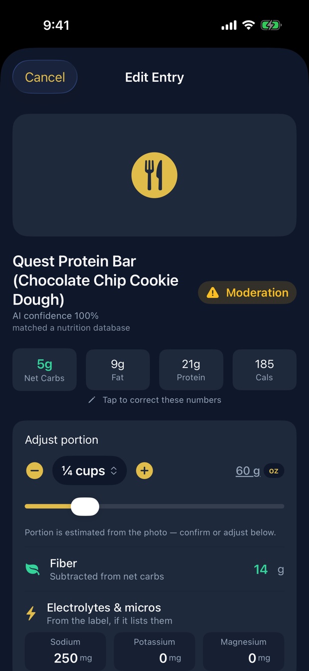 Ketolock entry editor showing AI confidence of 100 percent with a nutrition-database match, a correctable portion, editable fiber, and sodium, potassium and magnesium.