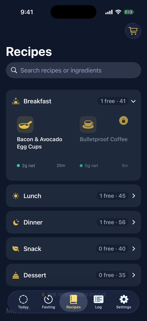 The recipe library grouped by meal, with net carbs and cook time on each