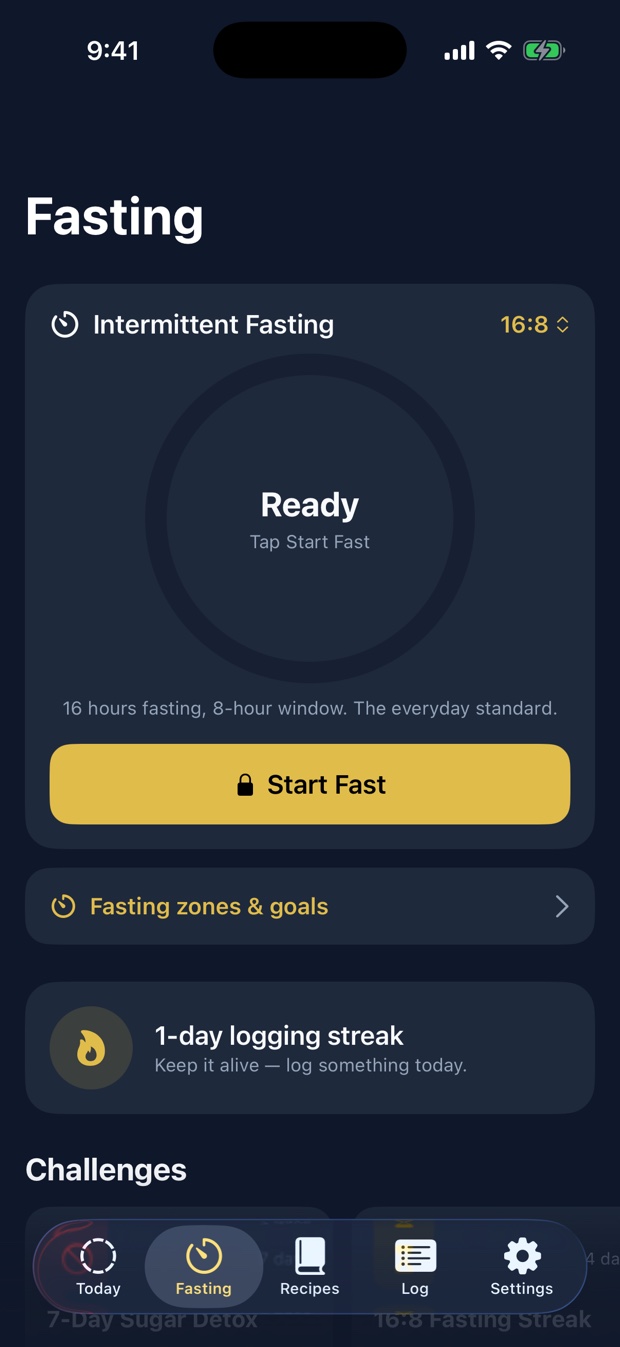 The fasting screen with the 16:8 protocol, fasting zones and the logging streak