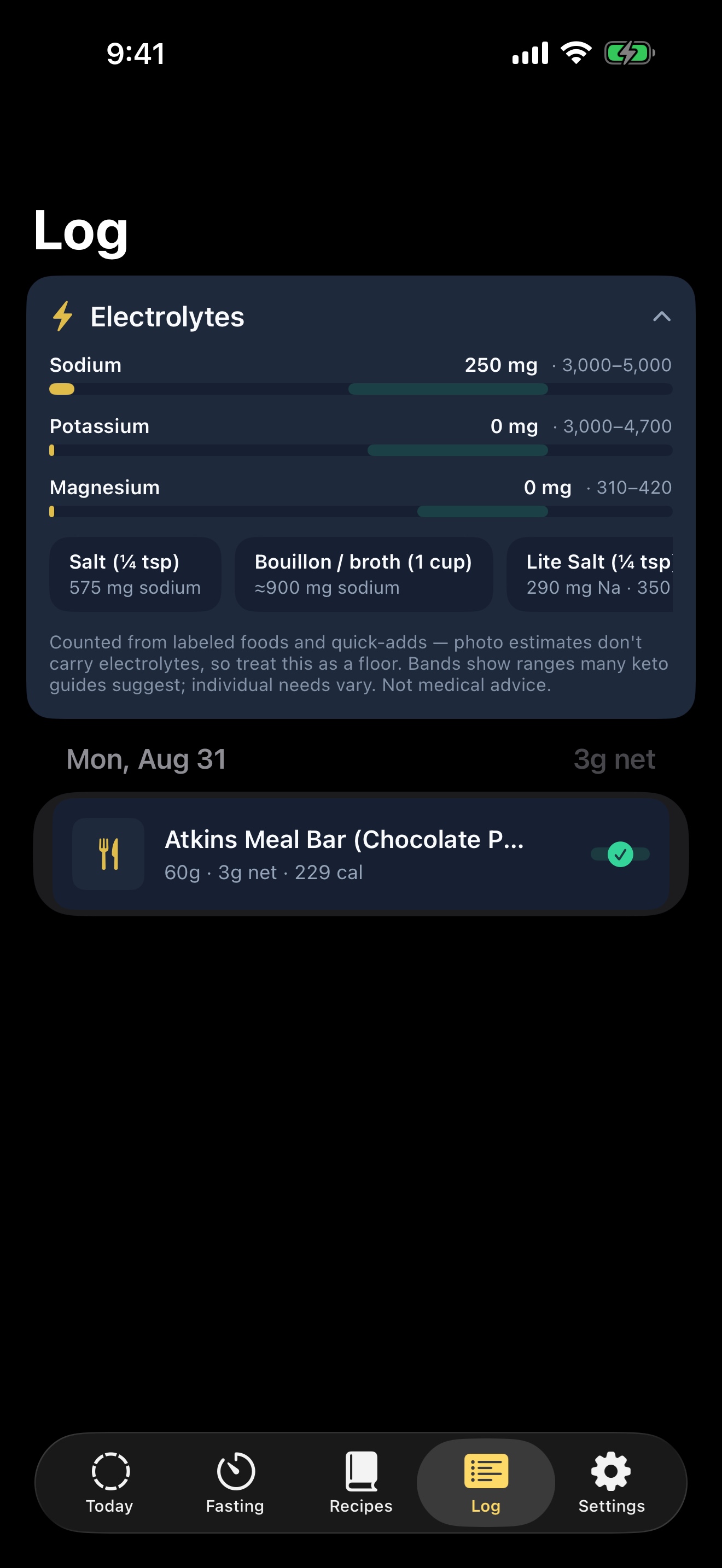 Current Log screen with sodium, potassium, and magnesium tracking
