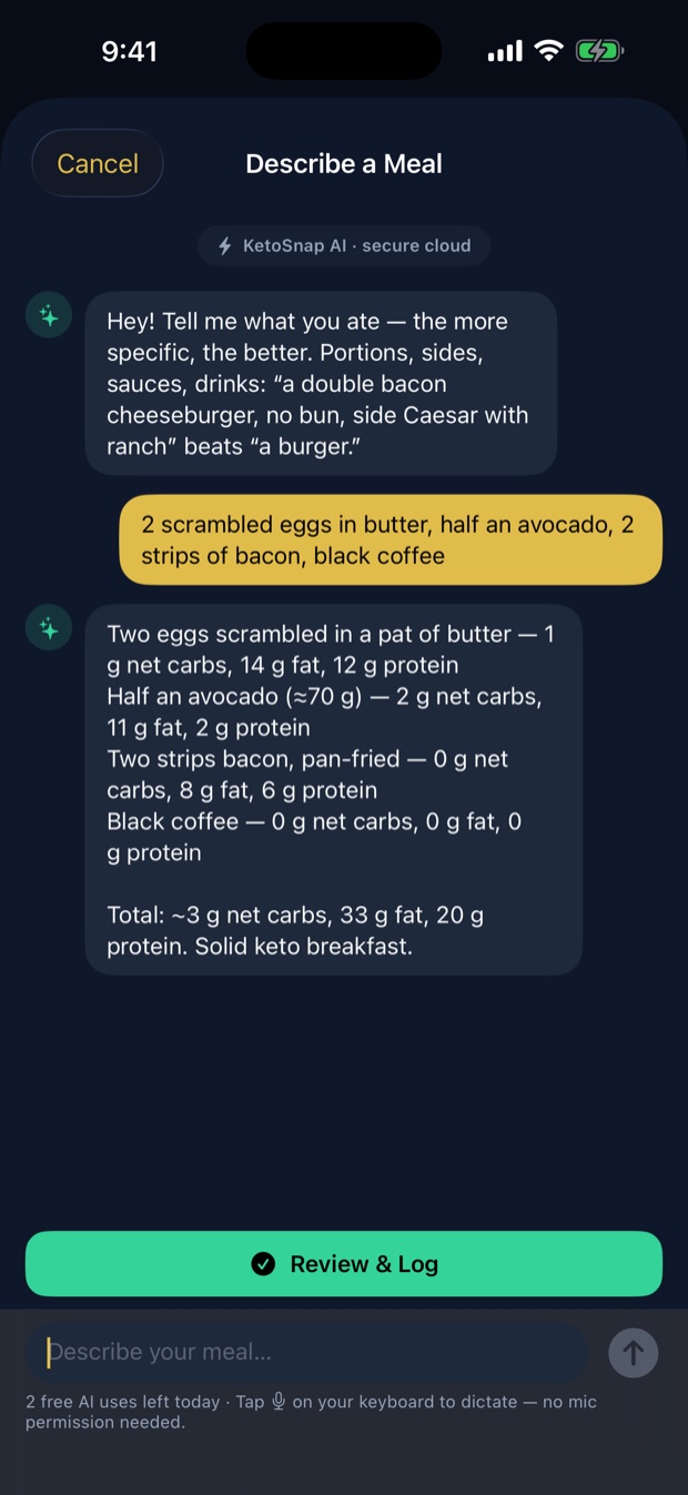 Describe a Meal chat replying with per-item net carbs, fat and protein for eggs, avocado, bacon and coffee.